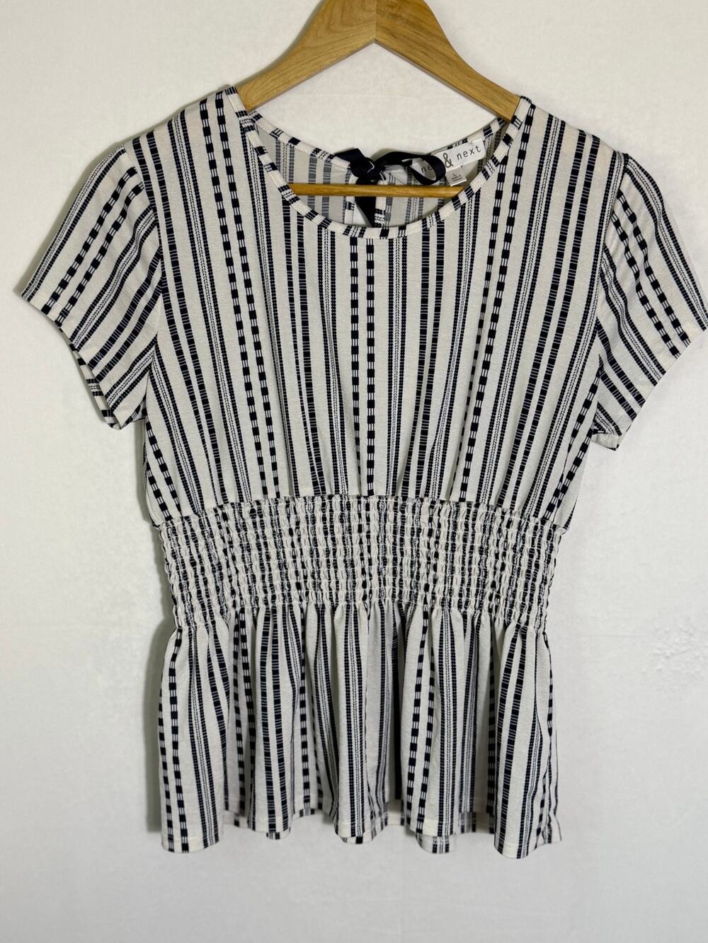 New & Next Black White Geometric Striped Smocked Waist Peplum Top L